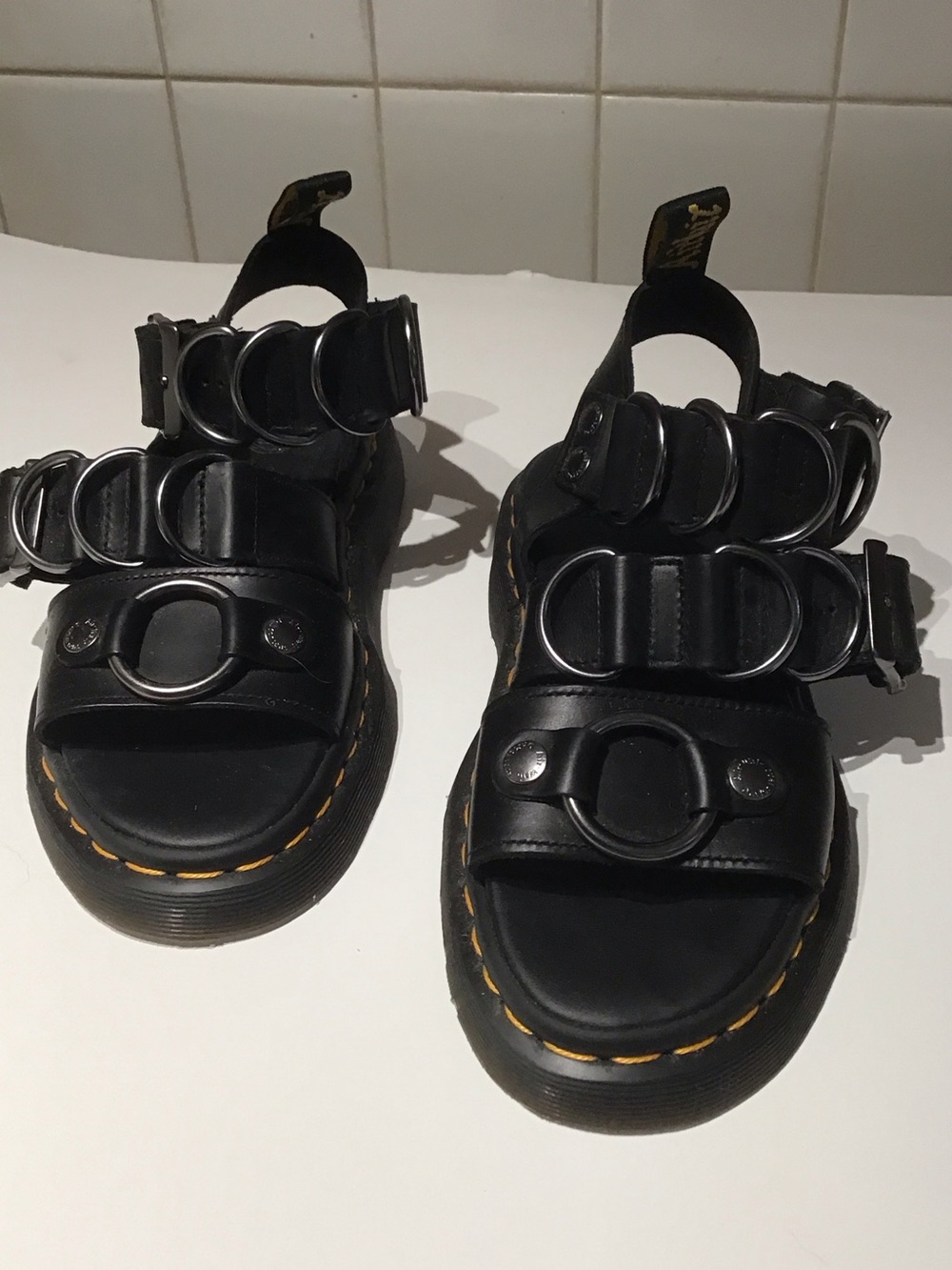 Dr. Martens Black Leather Ring-Accent Platform Sandals